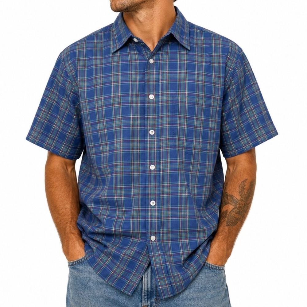 Vintage 90's Manhattan Button Down Shirt Navy Plaid‎ Large